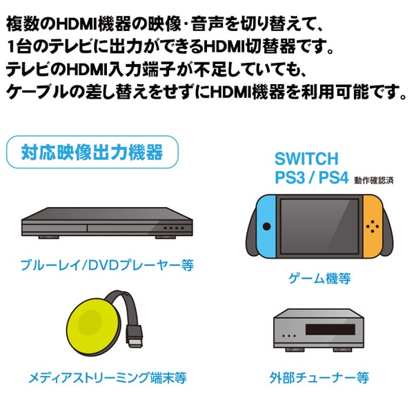 エレコム HDMI切替器 3ポート 超小型 PS4,Switch対応 ブラック DH-SWL3BK