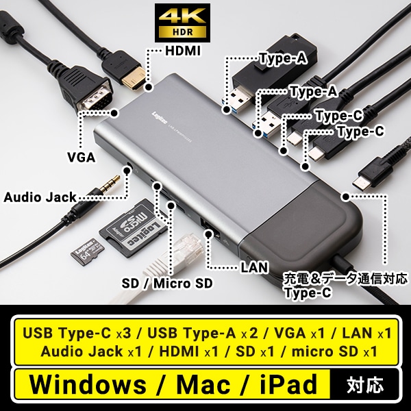 USB Type C ポータブル 11in1 ドッキングステーション HDMI ハブ タイプC Type A LAN SD VGA USB 3.2 Gen 1 変換アダプタ 4K ON OFF機能搭載 LHB-LPMWP11U3SS