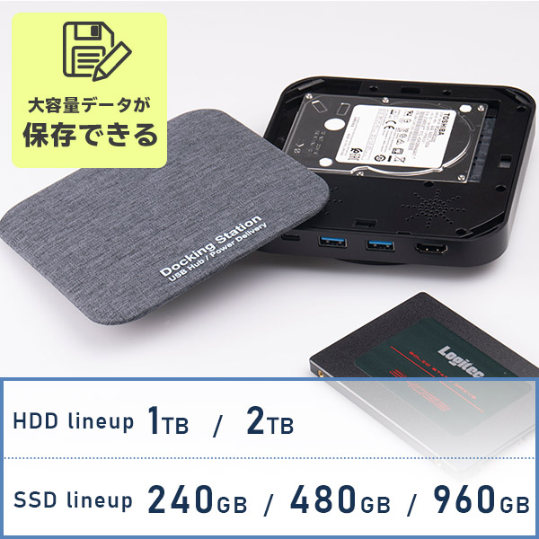 ドッキングステーション HDD / USBハブ / メディアハブ / USB Type-C x1/ USBPD100W対応 / USB 3.2 Gen1・USB 3.1 Gen1 x2 ハブ / HDMIタイプA / 2.5 HDD 1TB 搭載 LHD-DHU010PD