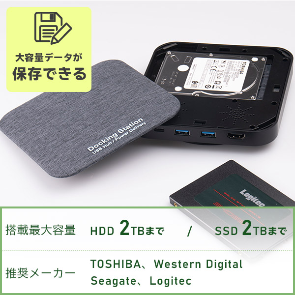 USBハブ / ドッキングステーション / メディアハブ / USB Type-C x1/ USBPD100W対応 / USB 3.2 Gen1・USB 3.1 Gen1 x2 ハブ / HDMIタイプA / 2.5 HDD SSD 最大2TB搭載可 LHR-LDHUWPDD ロジテックダイレクト限定