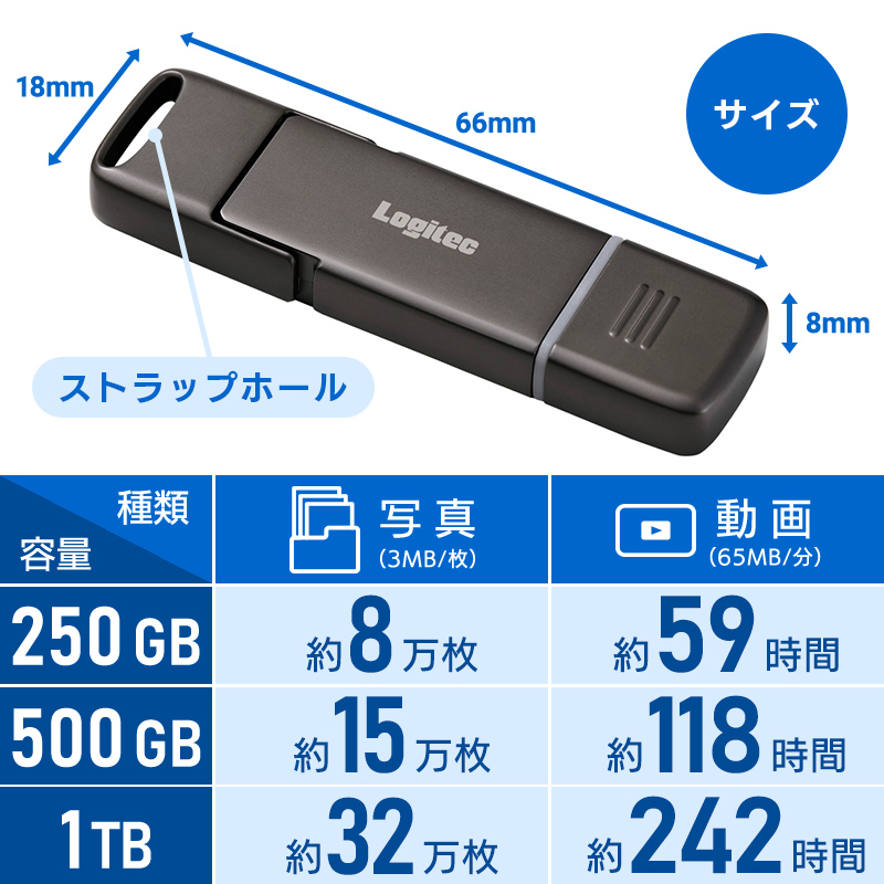 SSD 外付け 250GB Android iPhone 対応 USB Type-A / USB Type-C USB-C 両挿し 画像編集ソフト PhotoDirector 付属 スティック型 コンパクト USBメモリサイズ USB3.2 Gen2 PS5 動作確認済 ロジテック LMD-SPF025UAC